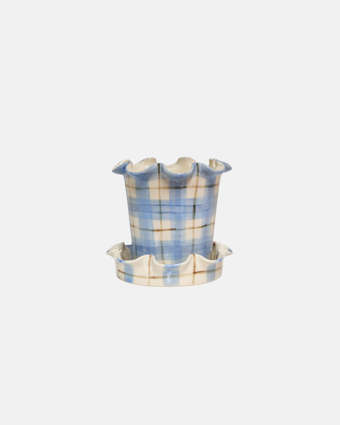 Jess Ellis Ceramic Frilly Plant Pot & Saucer in Blue Check