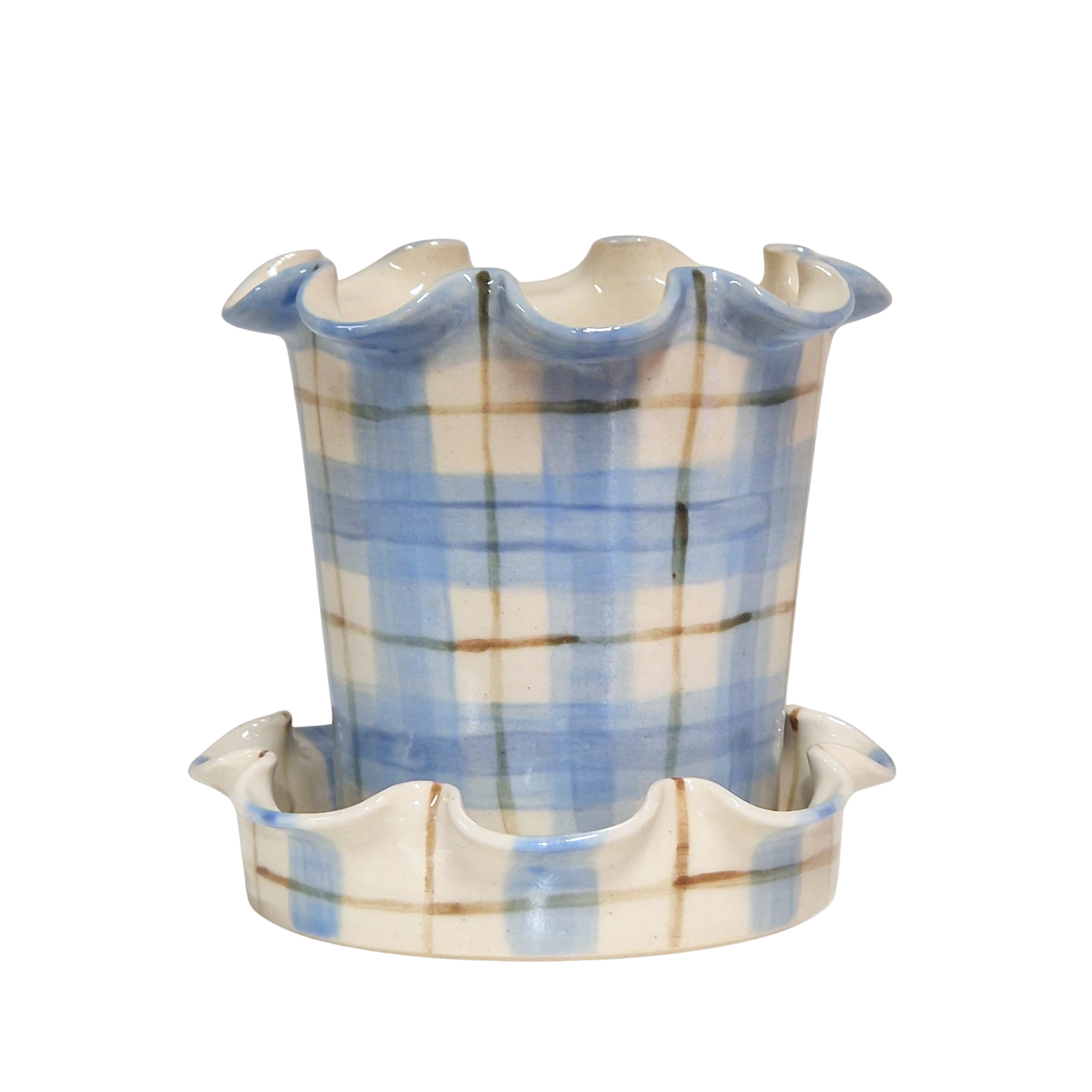 Jess Ellis Ceramic Frilly Plant Pot & Saucer in Blue Check