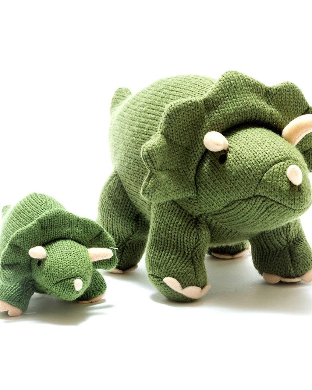 Best Years Knitted Triceratops Dinosaur Baby Rattle in Moss Green