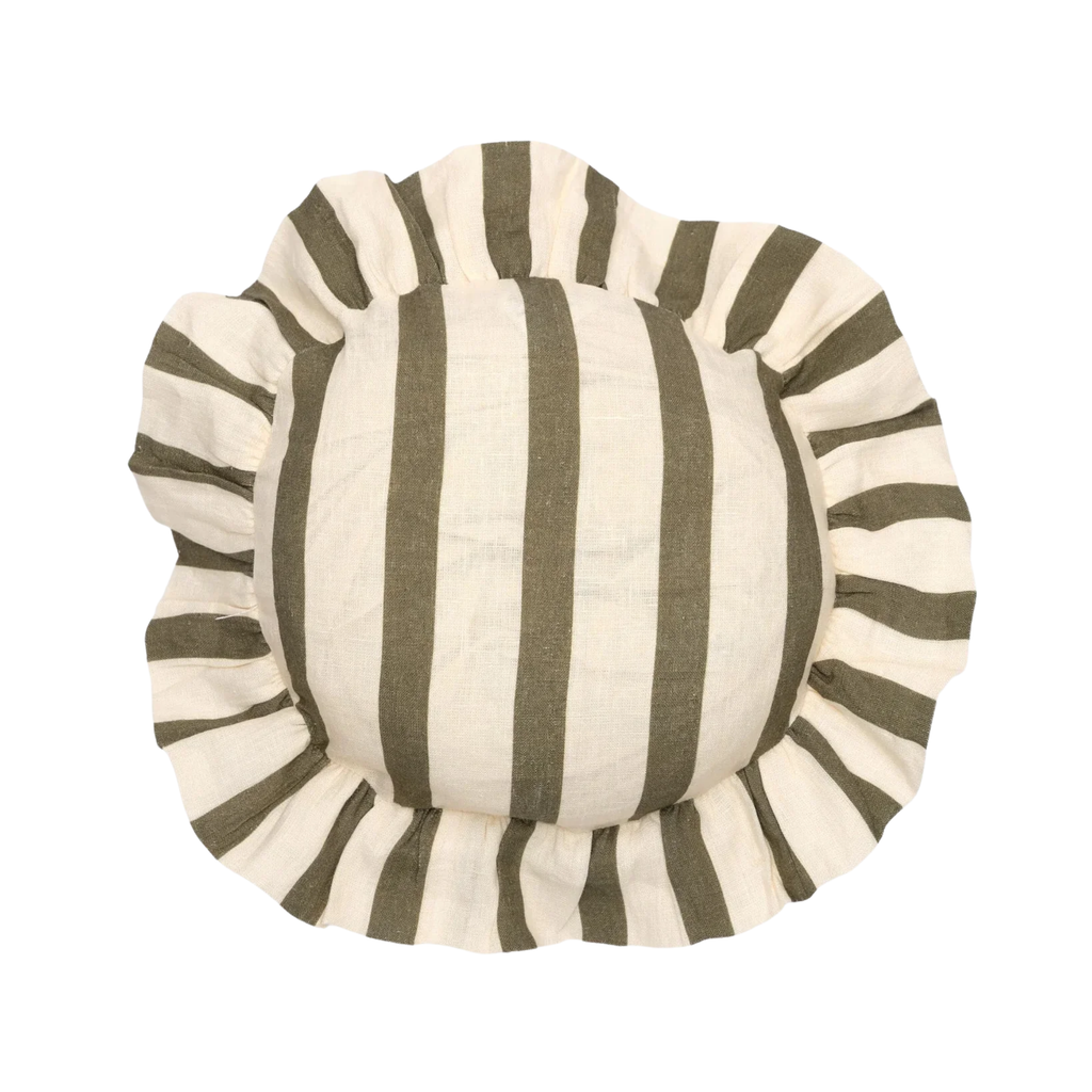 Amuse La Bouche Round Cushion in Olive & Ivory Thin Stripe