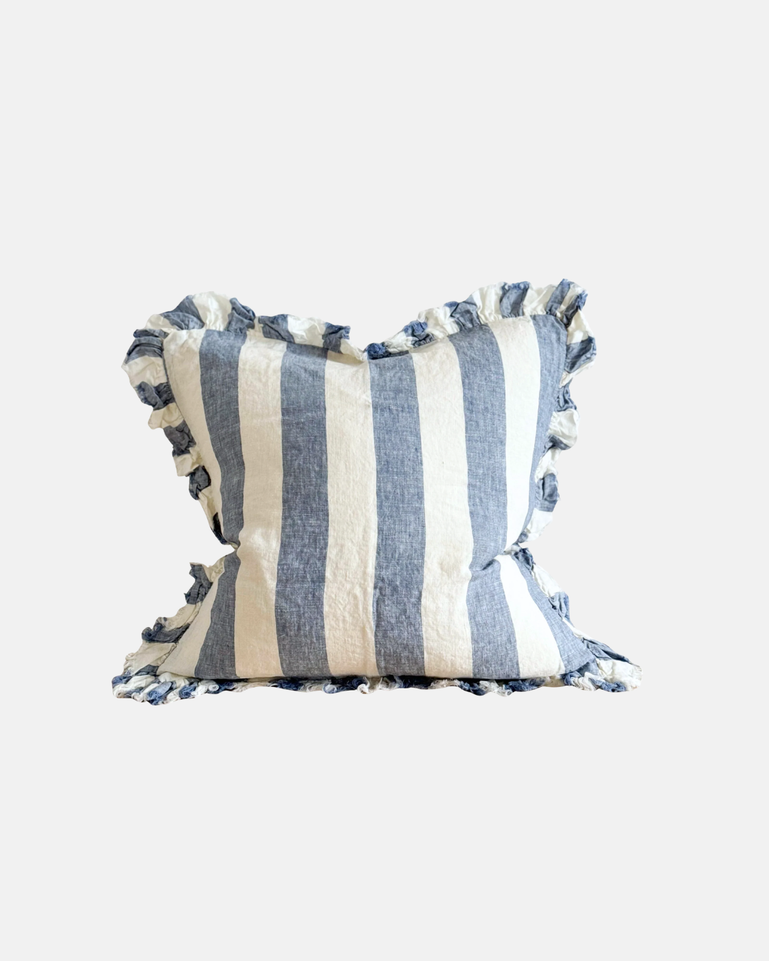 Ellenvale Hallie Ruffled Edged Linen Cushion in Blue Wide Stripe