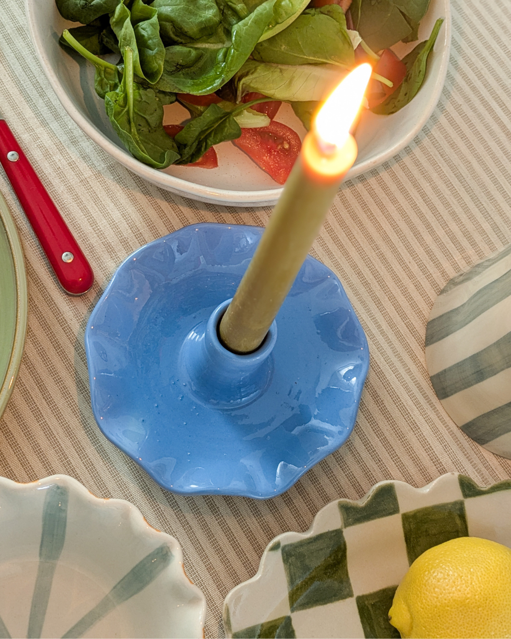 Roca Caus Handmade Ceramic Frilly Candle Holder in Blue