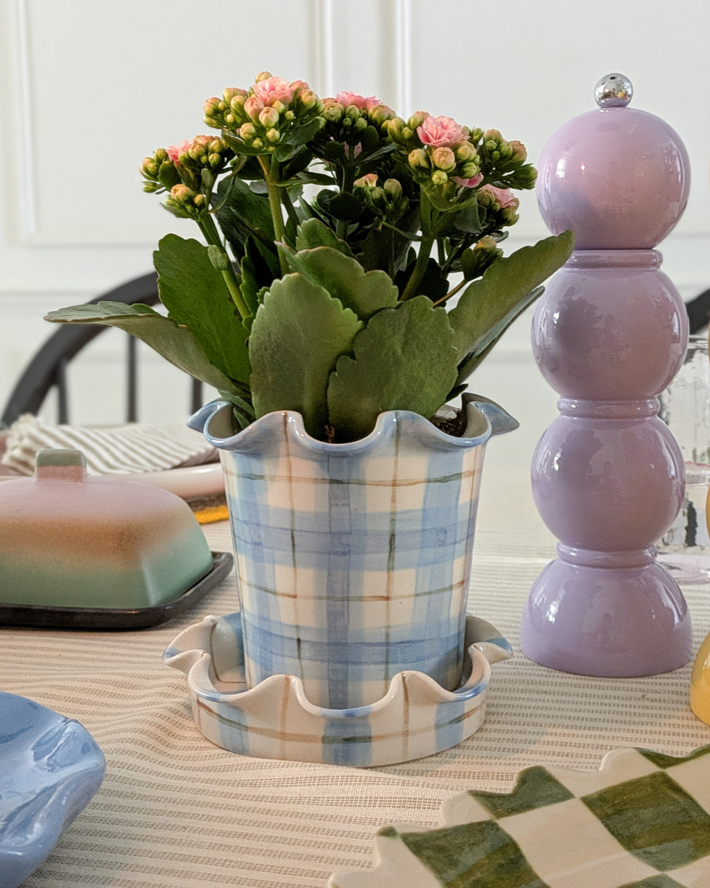 Jess Ellis Ceramic Frilly Plant Pot & Saucer in Blue Check