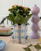 Jess Ellis Ceramic Frilly Plant Pot & Saucer in Blue Check