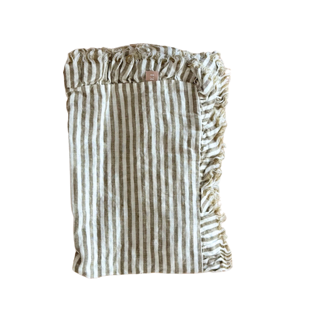 Ellenvale 100% Linen Ruffle Table Runner in Olive Stripe