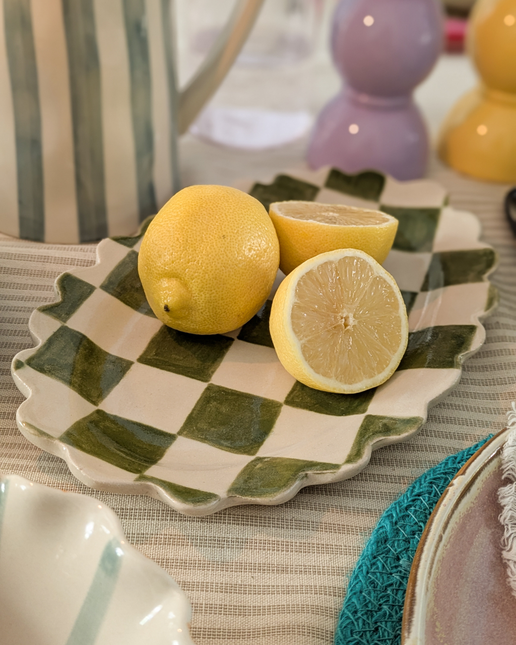 Poesy Ceramics Scallop Plate in Green Check or Cream