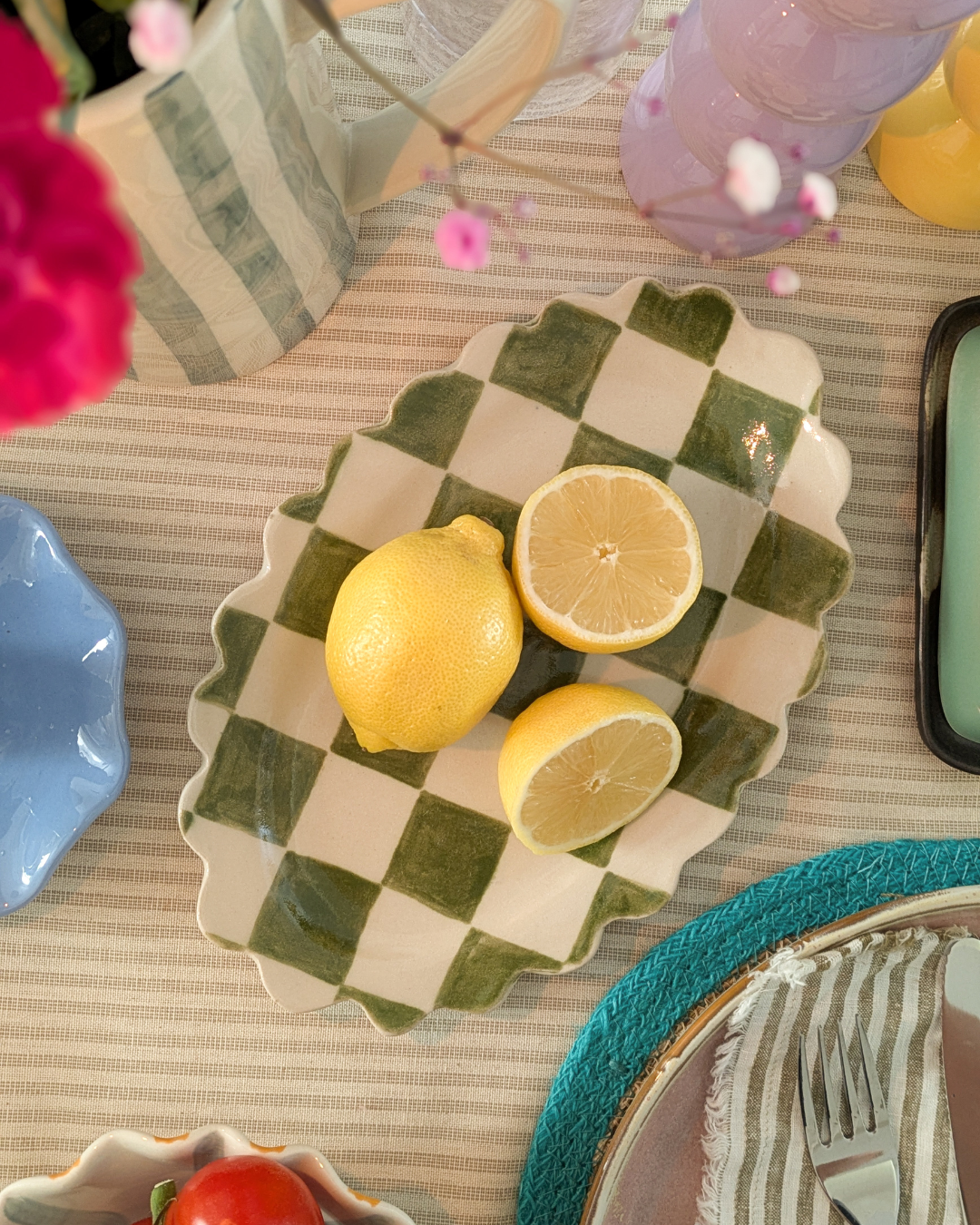 Poesy Ceramics Scallop Plate in Green Check or Cream