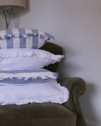 Ellenvale Hallie Ruffled Edged Linen Cushion in Blue Wide Stripe
