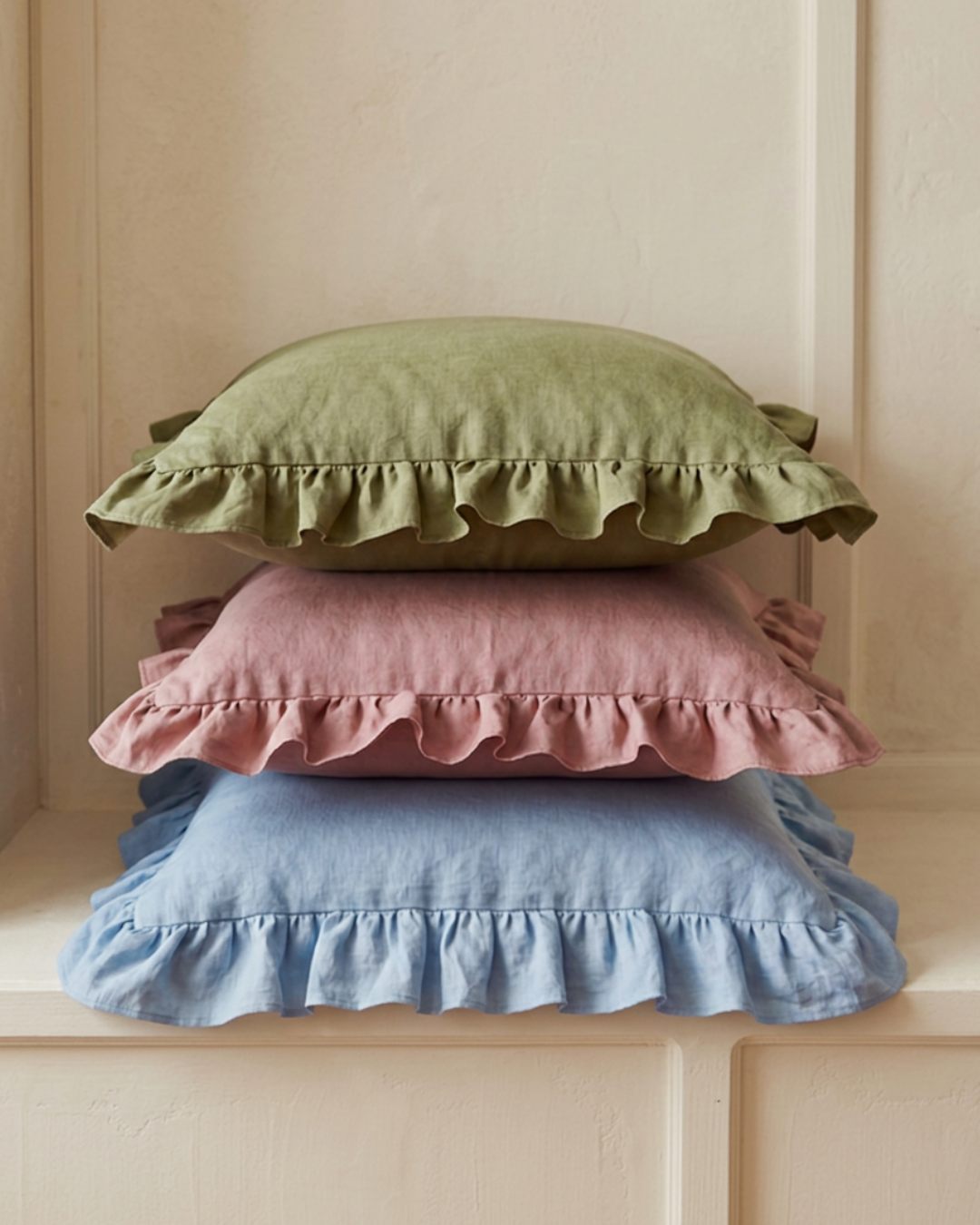 LIAN Stone-Washed Linen Ruffle Cushion in Sky Blue