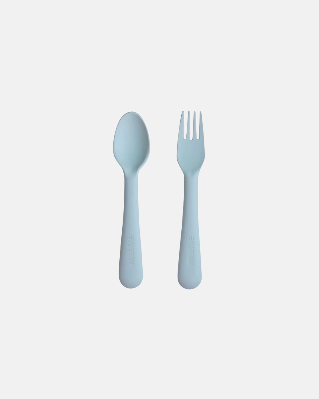 Mushie Spoon and Fork Set in Cambridge Blue