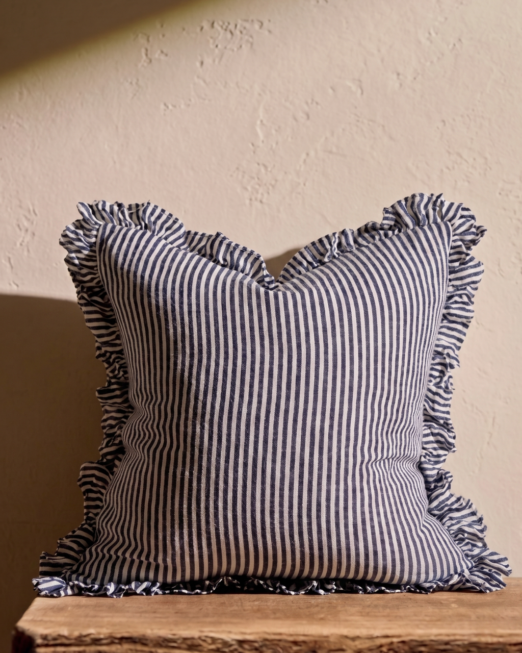 Ellenvale Ruffled Edge Hallie Ruffled Linen Cushion Navy Stripe 45 x 45cm