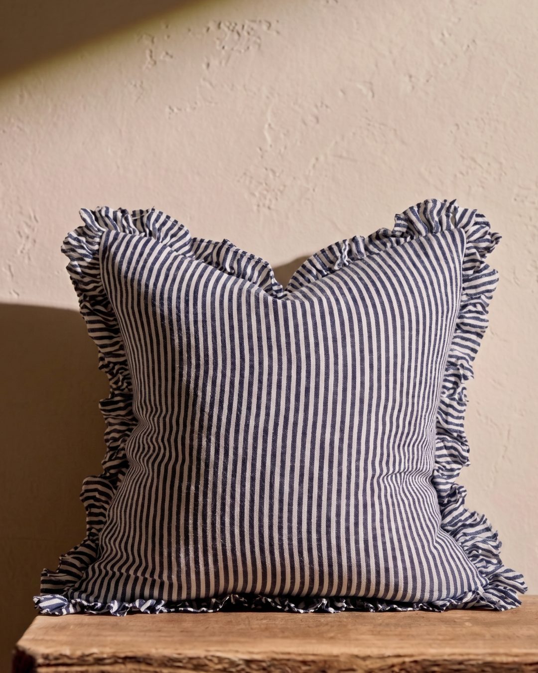 Ellenvale Ruffled Edge Hallie Ruffled Linen Cushion Navy Stripe 45 x 45cm