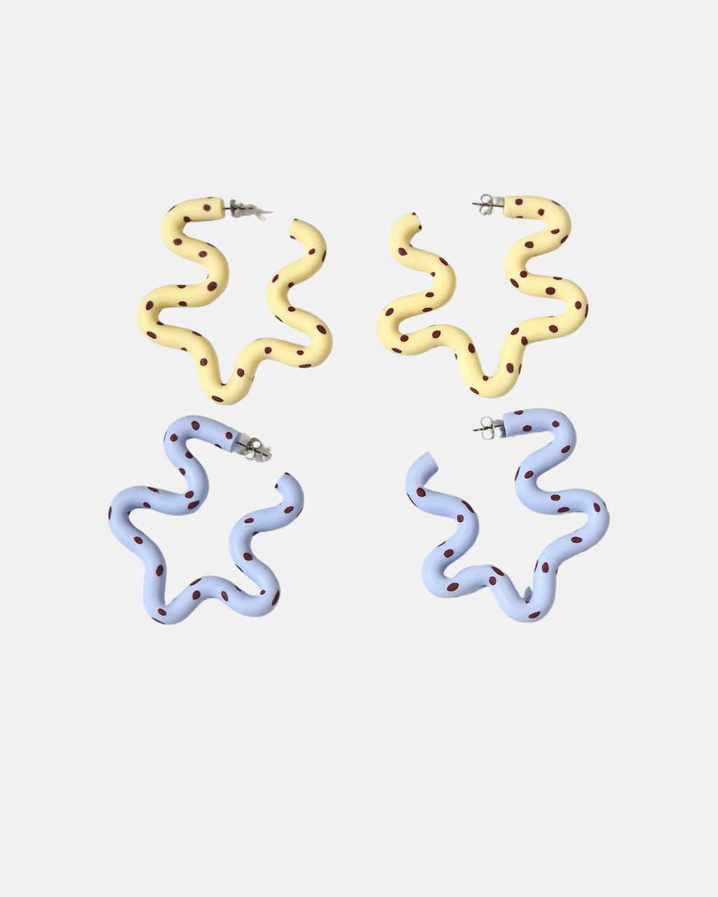 Kalei Polymer Clay Wiggle Earrings in Butter Yellow or Pale Blue Polkadot