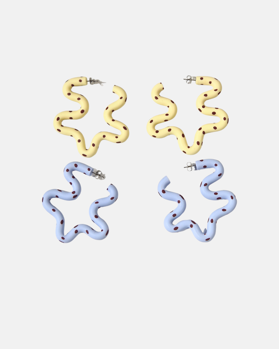 Kalei Polymer Clay Wiggle Earrings in Butter Yellow or Pale Blue Polkadot