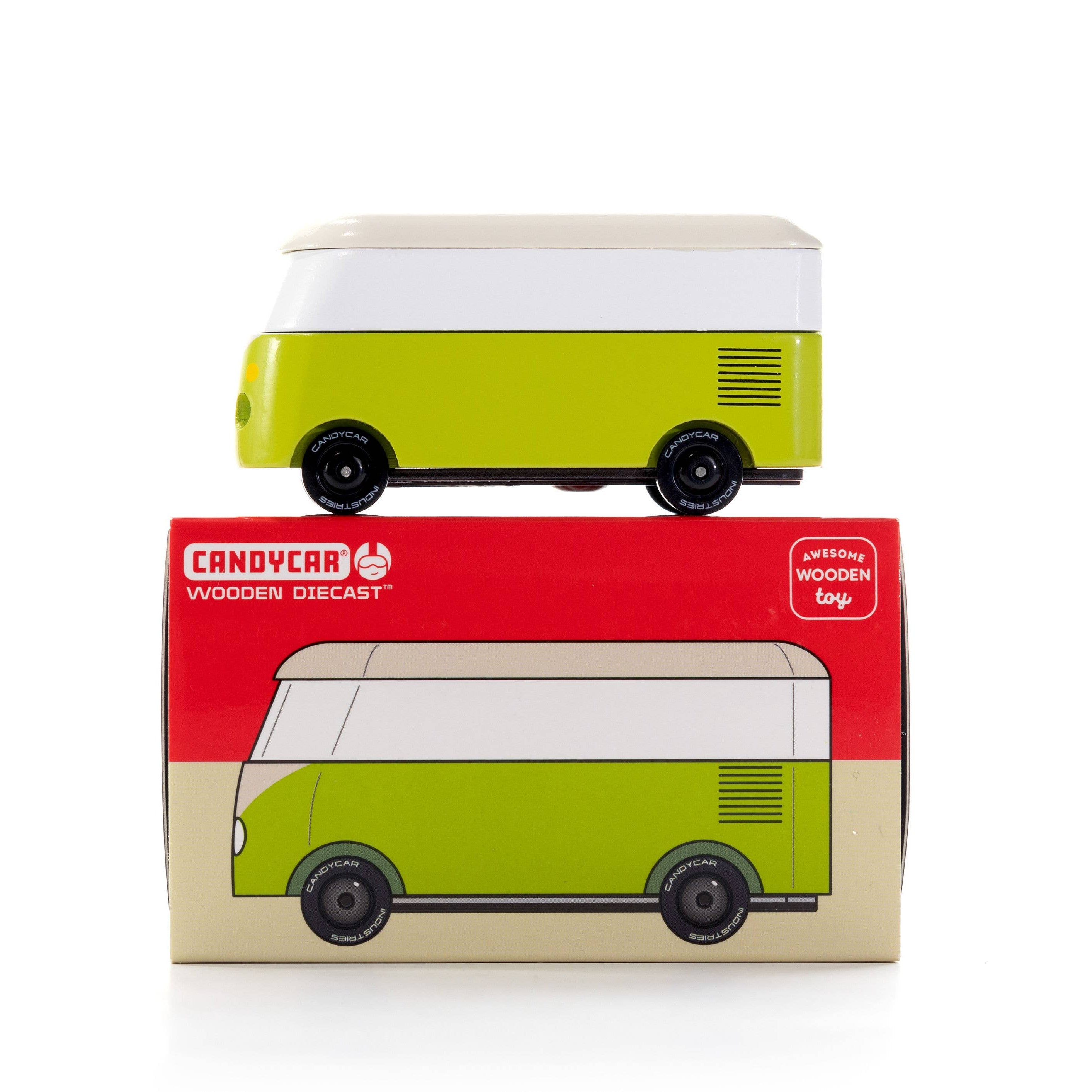 Green toy van on top of its box packaging with 'Canoycar' branding.