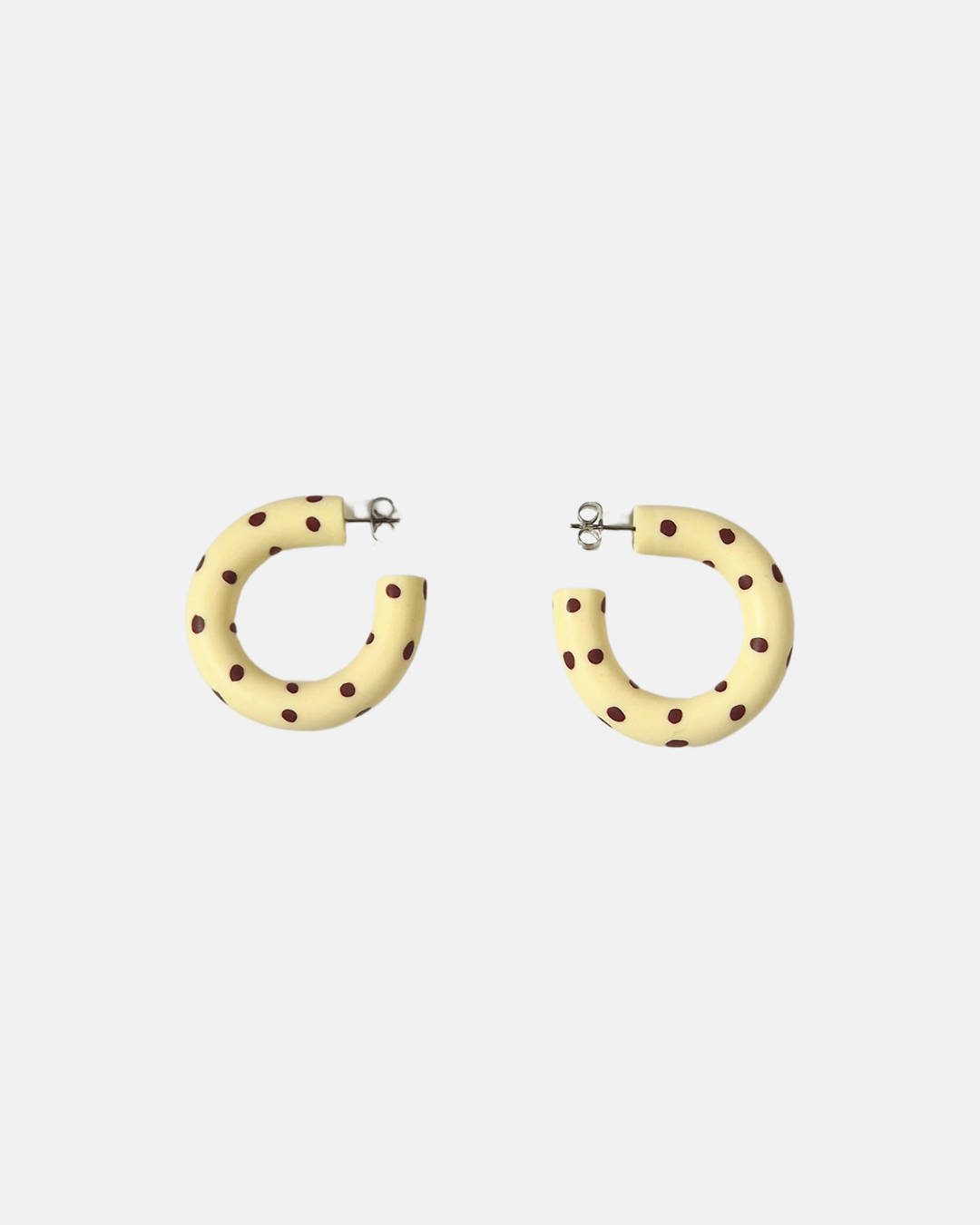 Kalei Polymer Clay Circle Earrings in Butter Yellow or Pale Blue Polkadot