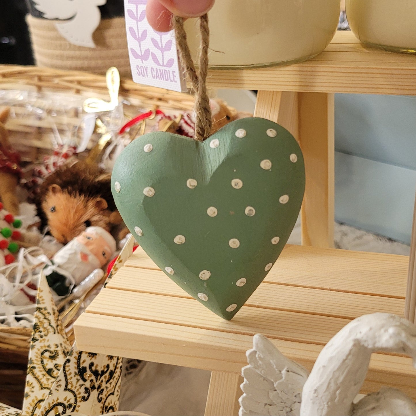 Green Polka Dot Wooden Heart Decoration