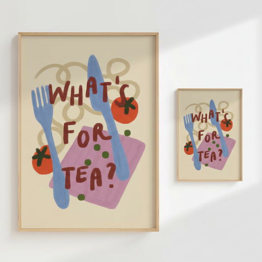 Framed artwork with cutlery and text 'What's For Tea?' on a beige background