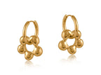 Gold hoop earrings with a bubble design on a white background