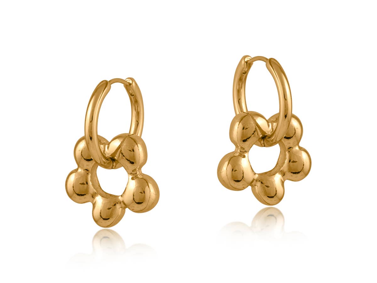 Gold hoop earrings with a bubble design on a white background