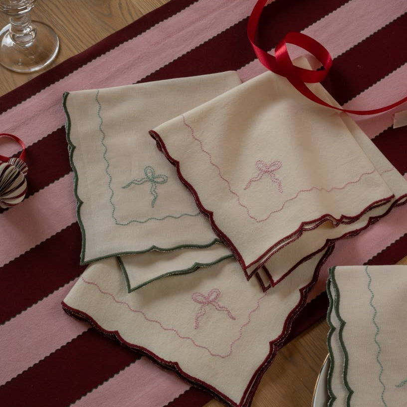 Avery Row Embroidered Bow Napkins, Set of 2 - Dark Green or Burgundy