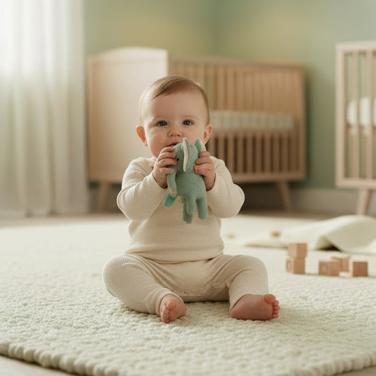 Plush elephant toy with light blue body and cream ears on a white background