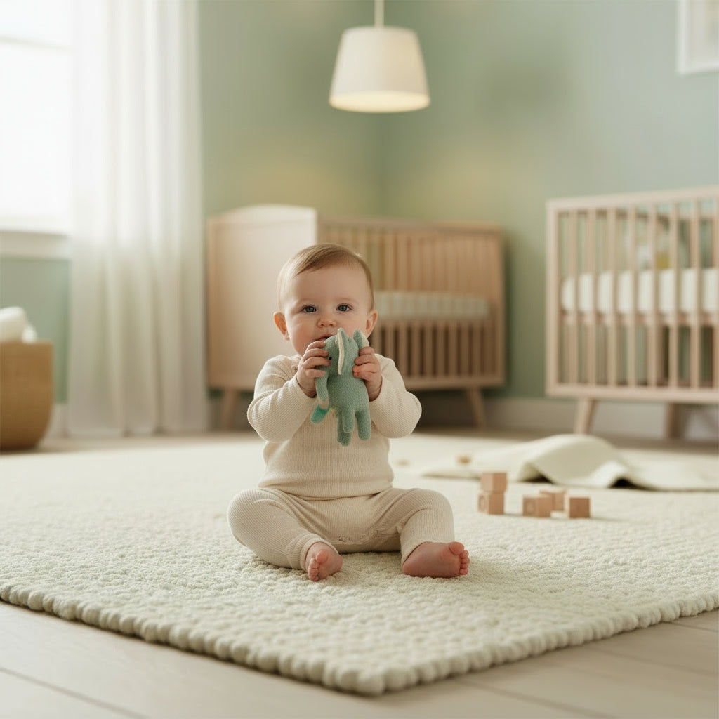 Plush elephant toy with light blue body and cream ears on a white background