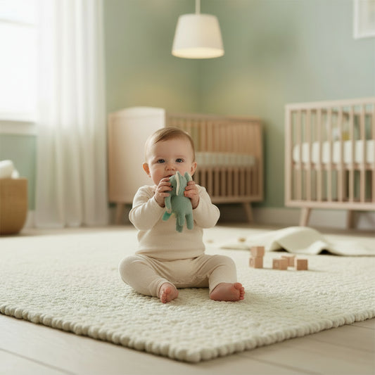 Plush elephant toy with light blue body and cream ears on a white background