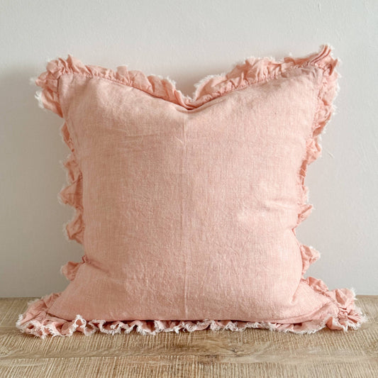 Hallie Washed Pink Cushion in Ruffled edge linen