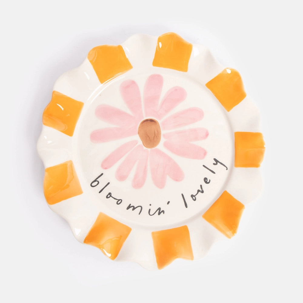 Caroline Gardner Striped Scalloped Plate in Pink Echinacea Flower