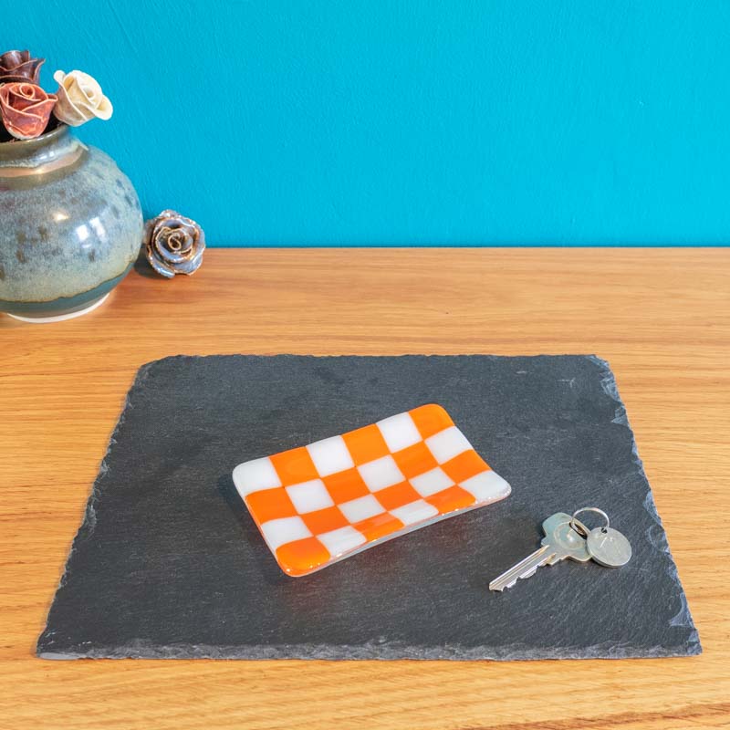 David Perry Chequered White/Colour Small Glass Trinket Dish