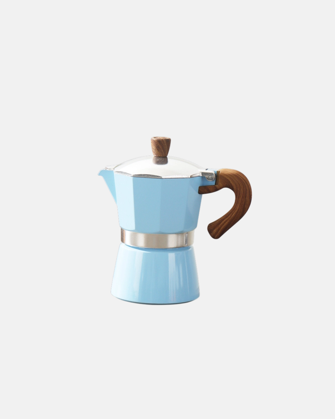 A light blue moka pot with a dark brown wooden handle and lid knob, set against a plain light gray background.