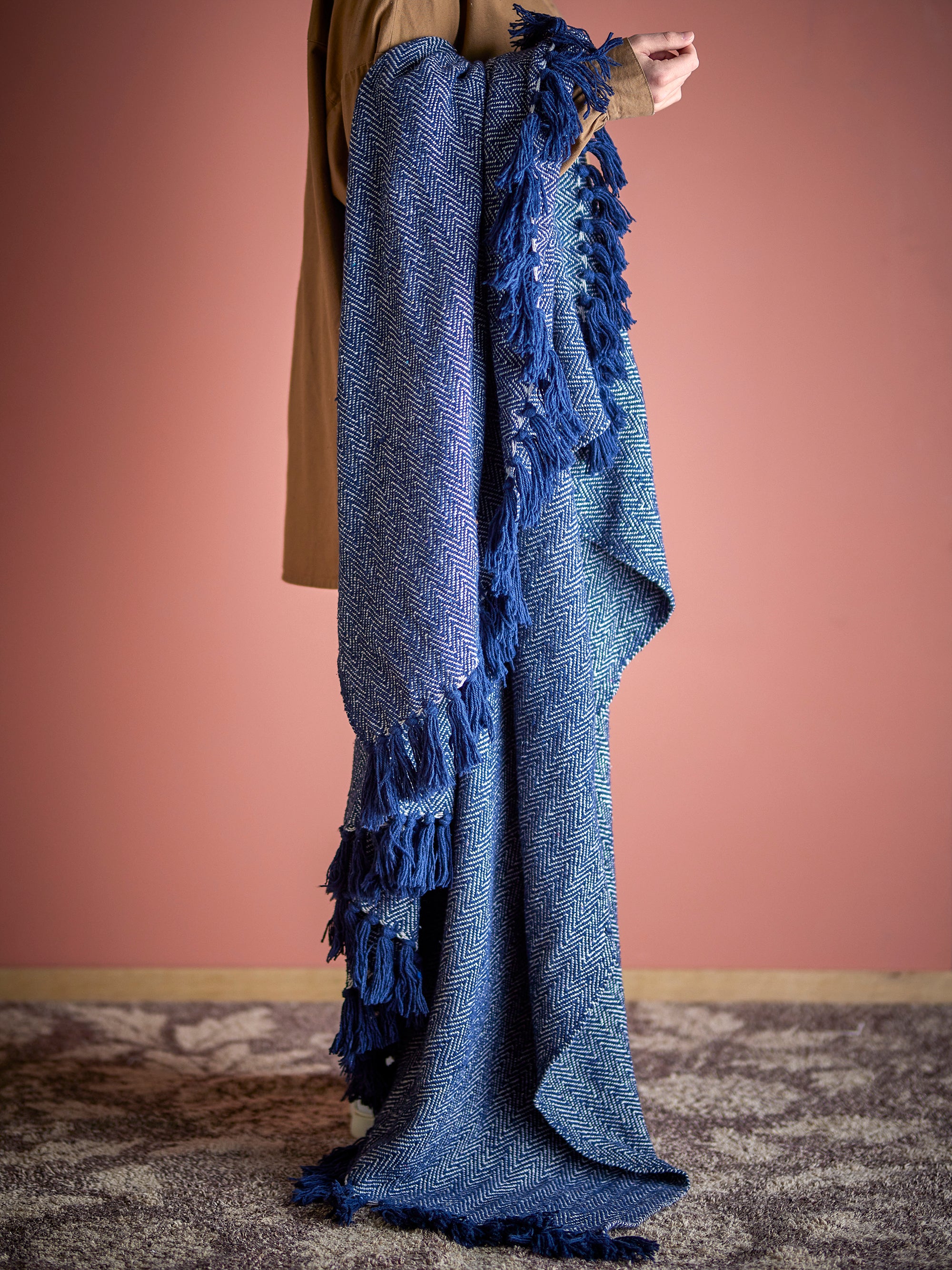 Bloomingville Herringbone Dark Blue Recycled Cotton Throw