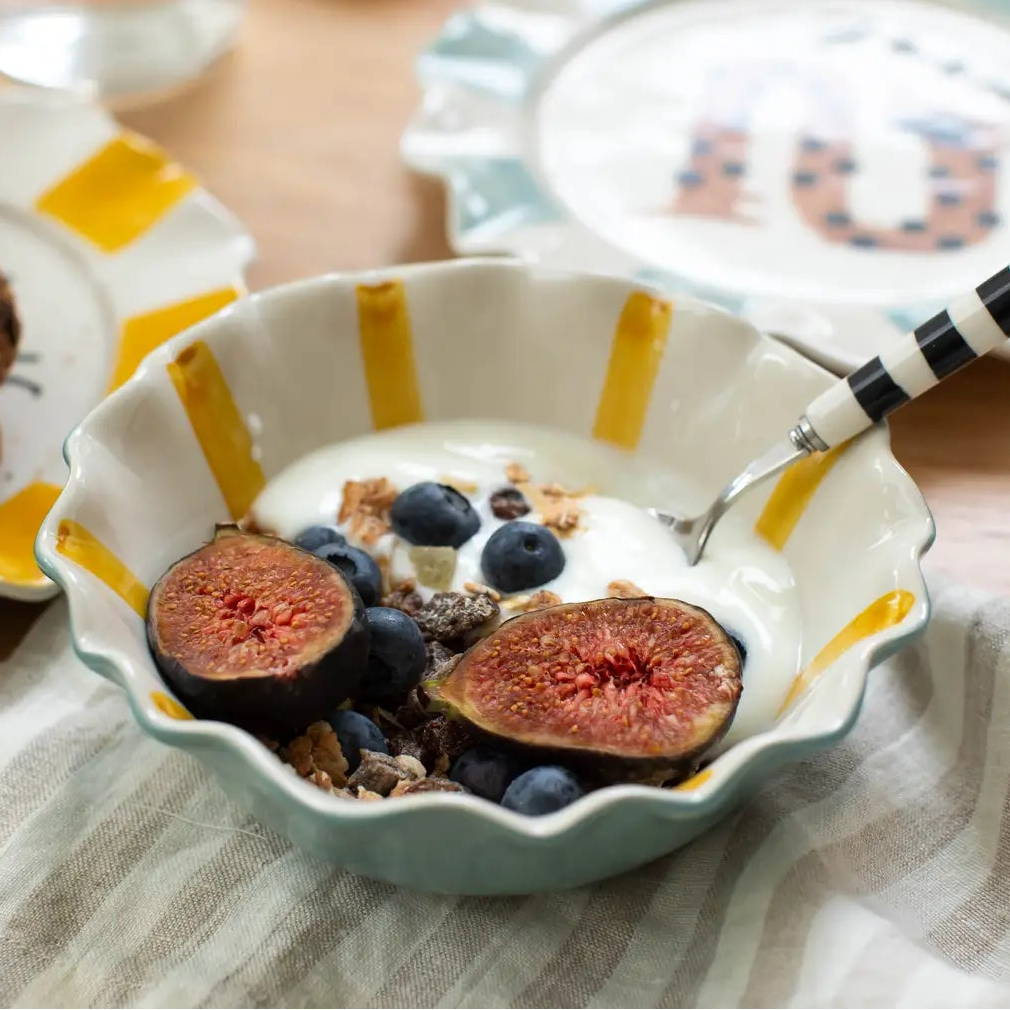 Caroline Gardner Striped Frilly Bowl in Mustard and Egg Shell Blue