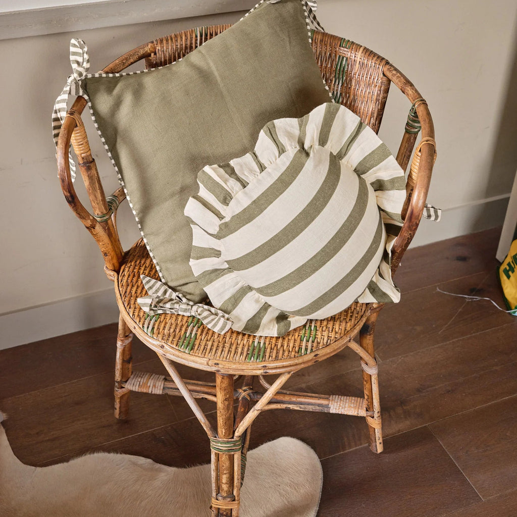Amuse La Bouche Round Cushion in Olive & Ivory Thin Stripe