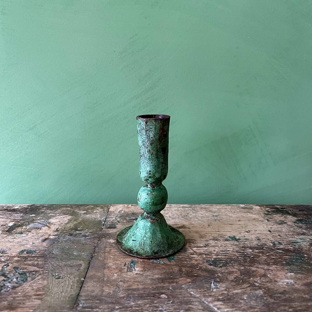 Green Metal Candle Holder for Taper Candles product shot of rustic candle holder