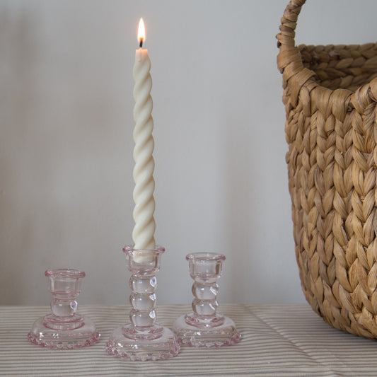 Pink Glass Taper Candle Holders in Various Sizes