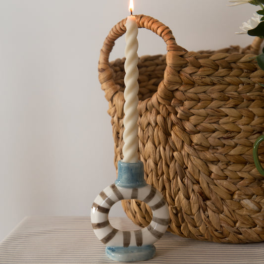 Taper candle holder With circle shape in blue and brown stripe