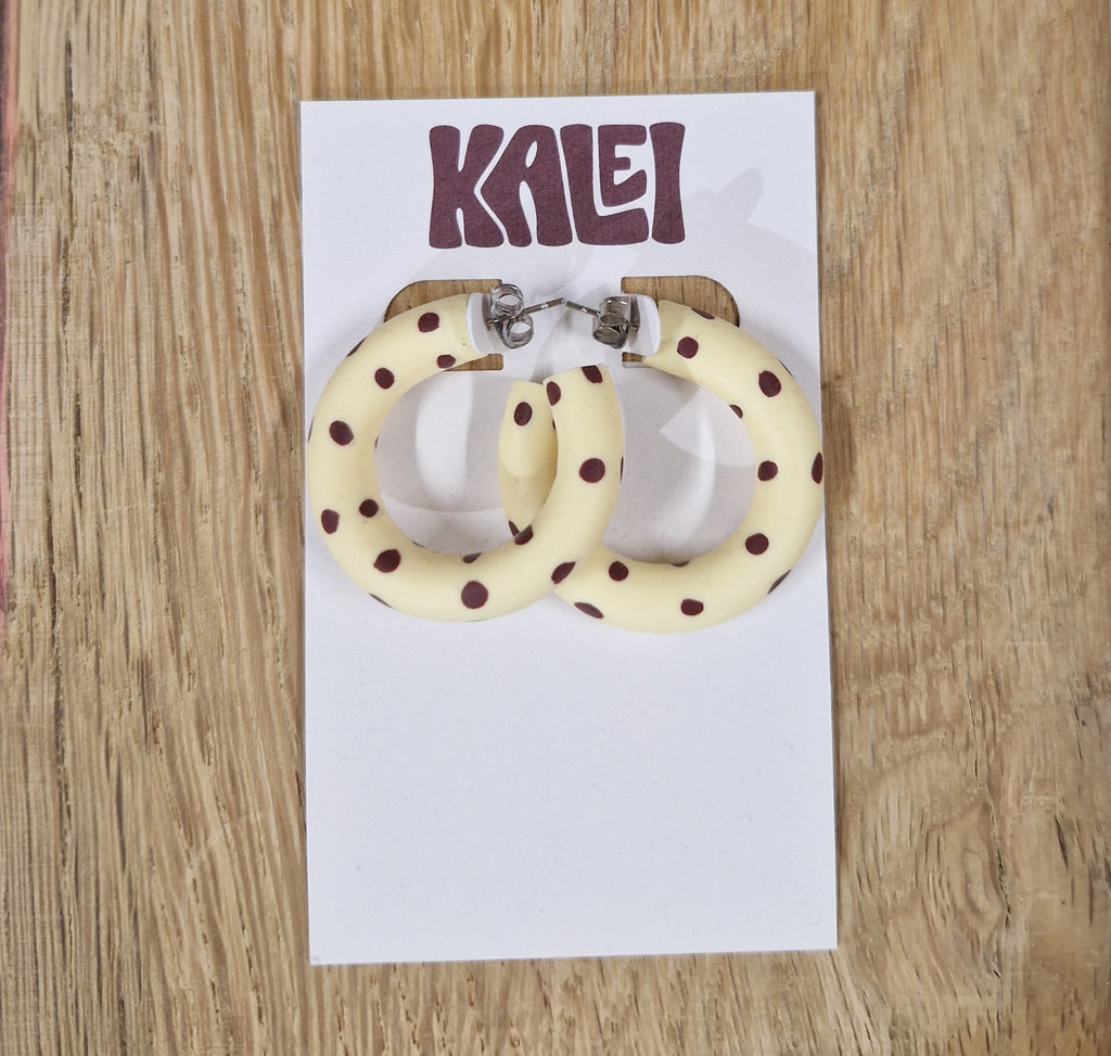Kalei Polymer Clay Circle Earrings in Butter Yellow or Pale Blue Polkadot