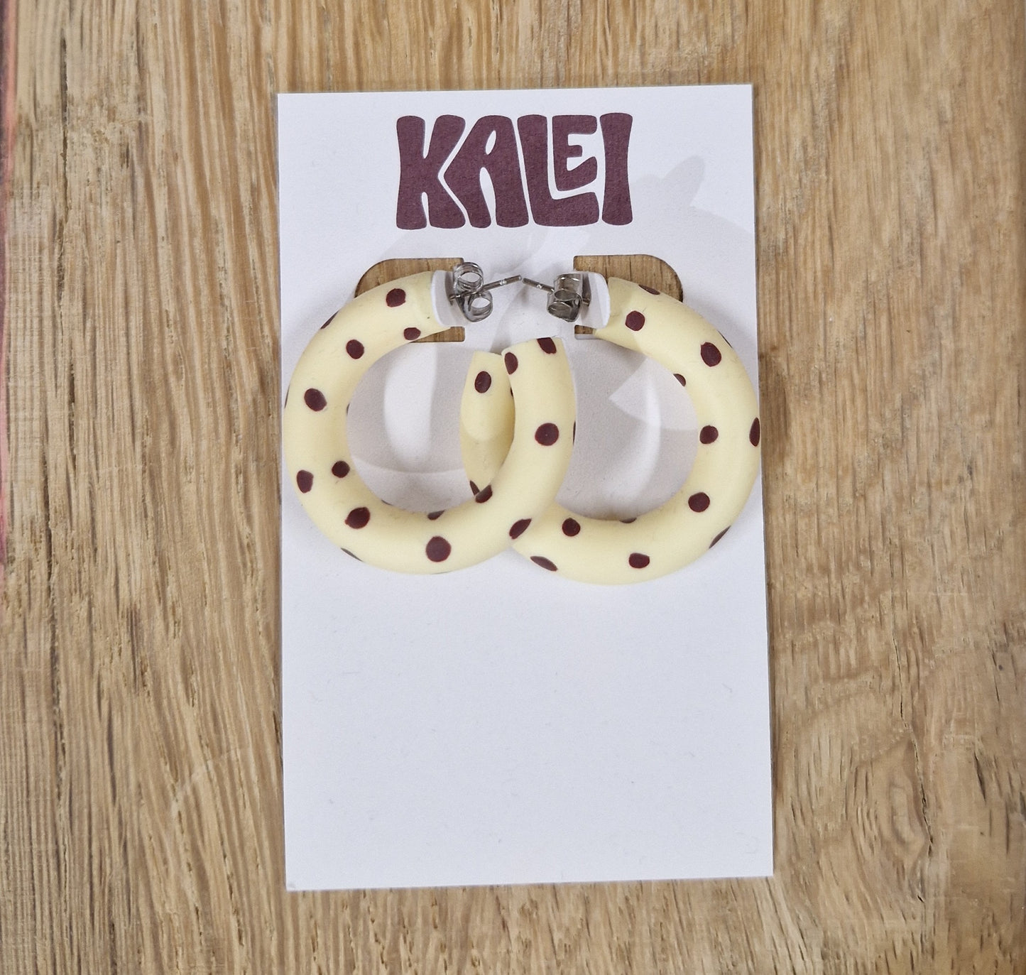 Kalei Polymer Clay Circle Earrings in Butter Yellow or Pale Blue Polkadot