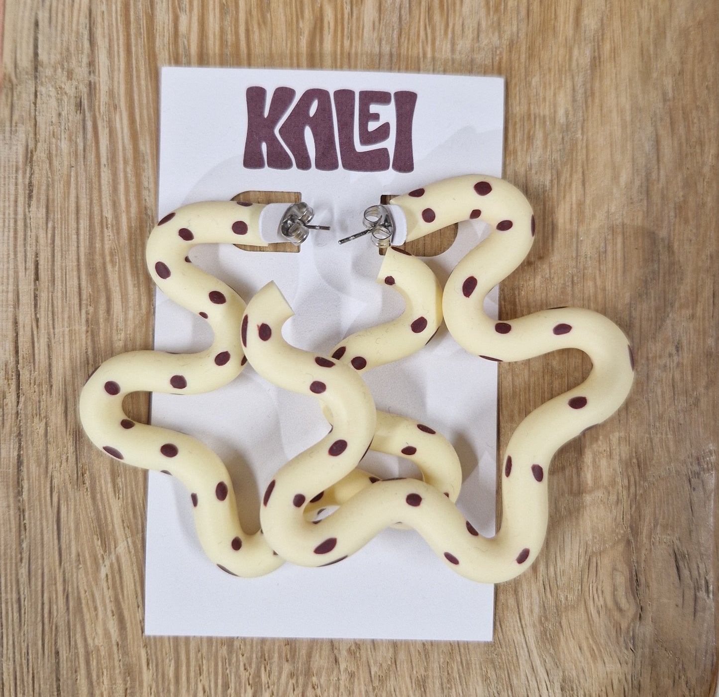 Kalei Polymer Clay Wiggle Earrings in Butter Yellow or Pale Blue Polkadot