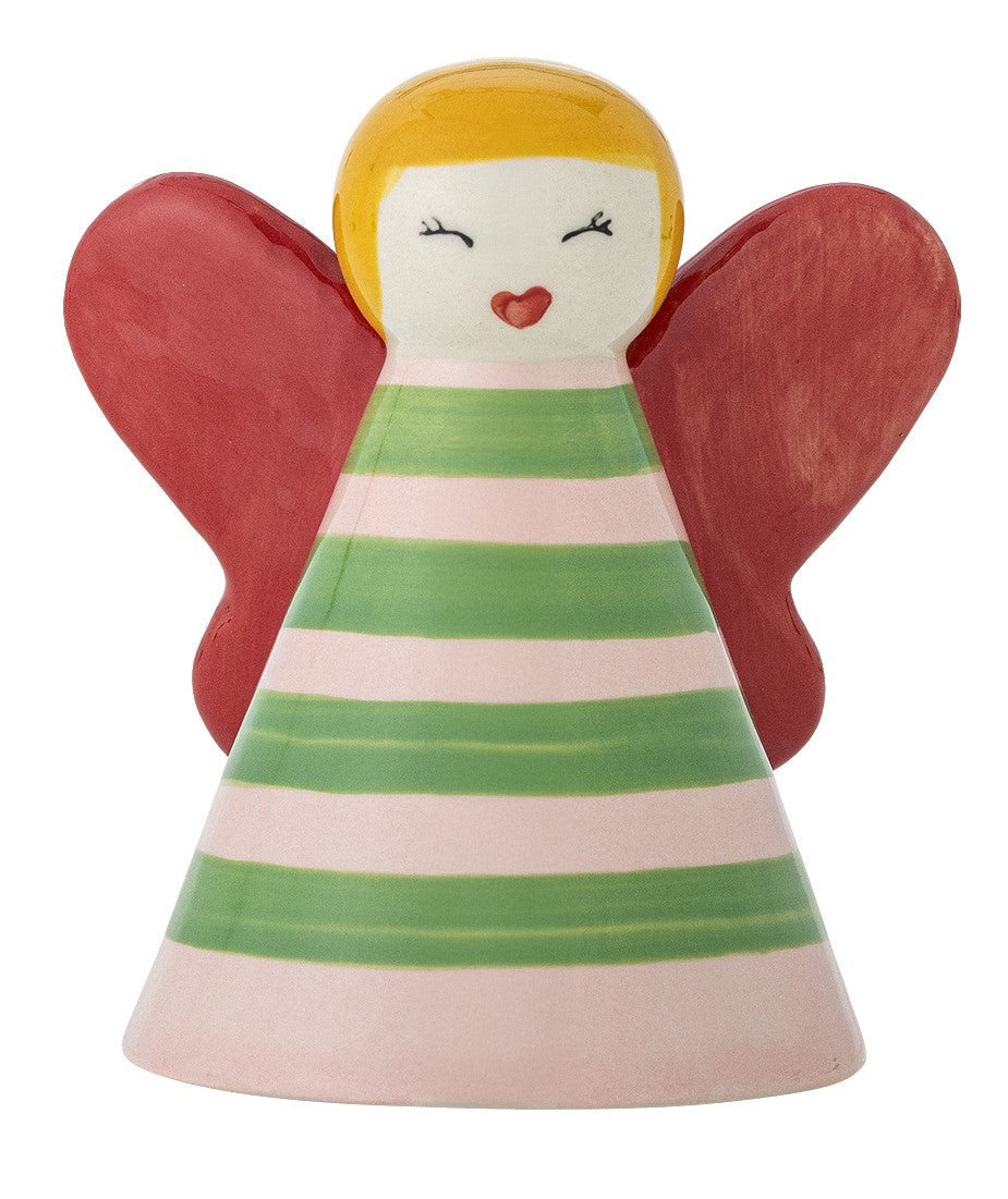 Ceramic angel figurine with red wings and a striped dress on a white background