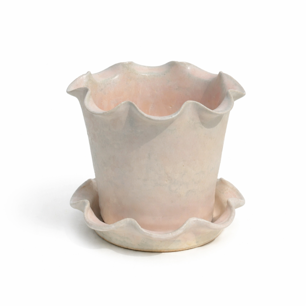 Jess Ellis Ceramic Frilly Plant Pot and Saucer in Pearl White