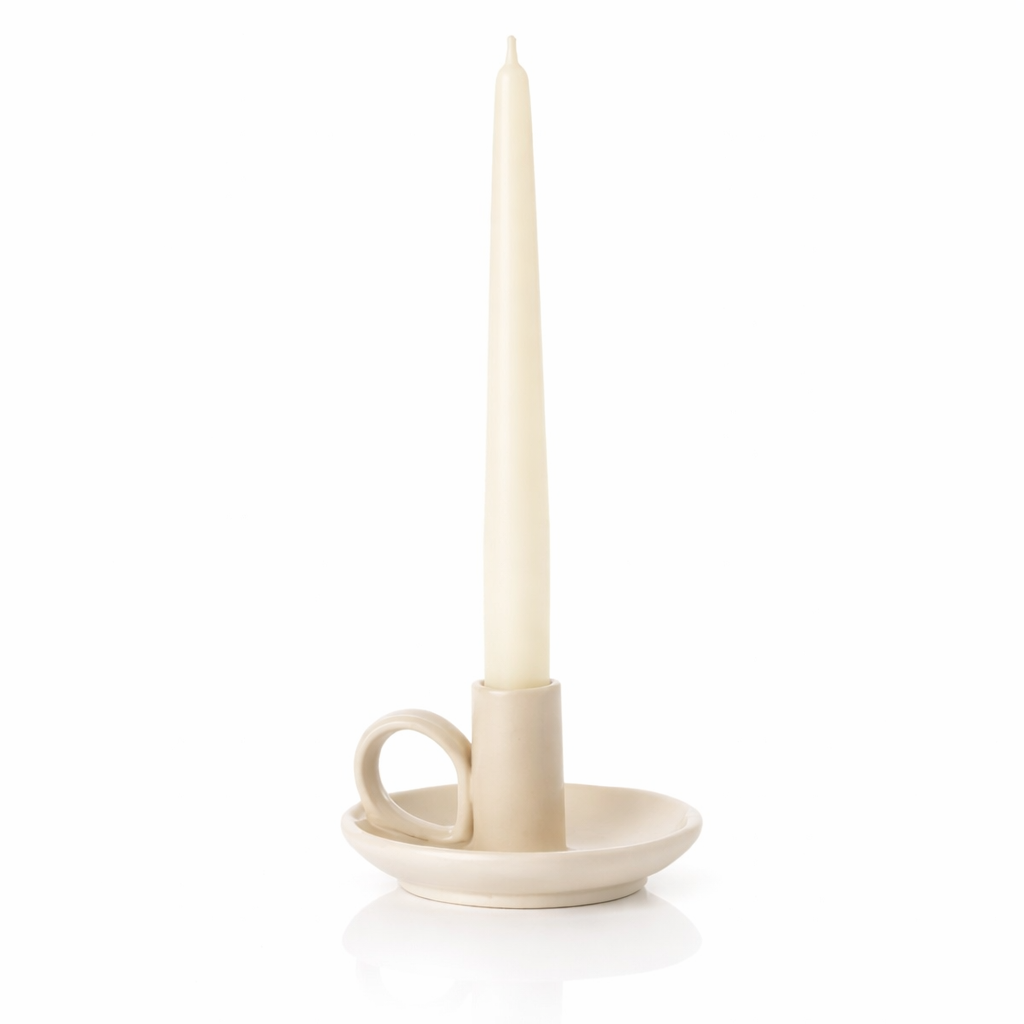Cream candle holder called 'wee willy winky' displayed with a white candle inside on a white and cream background 