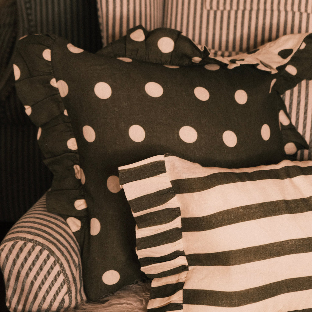 Amuse La Bouche Spotted Ruffle Cushion in Olive