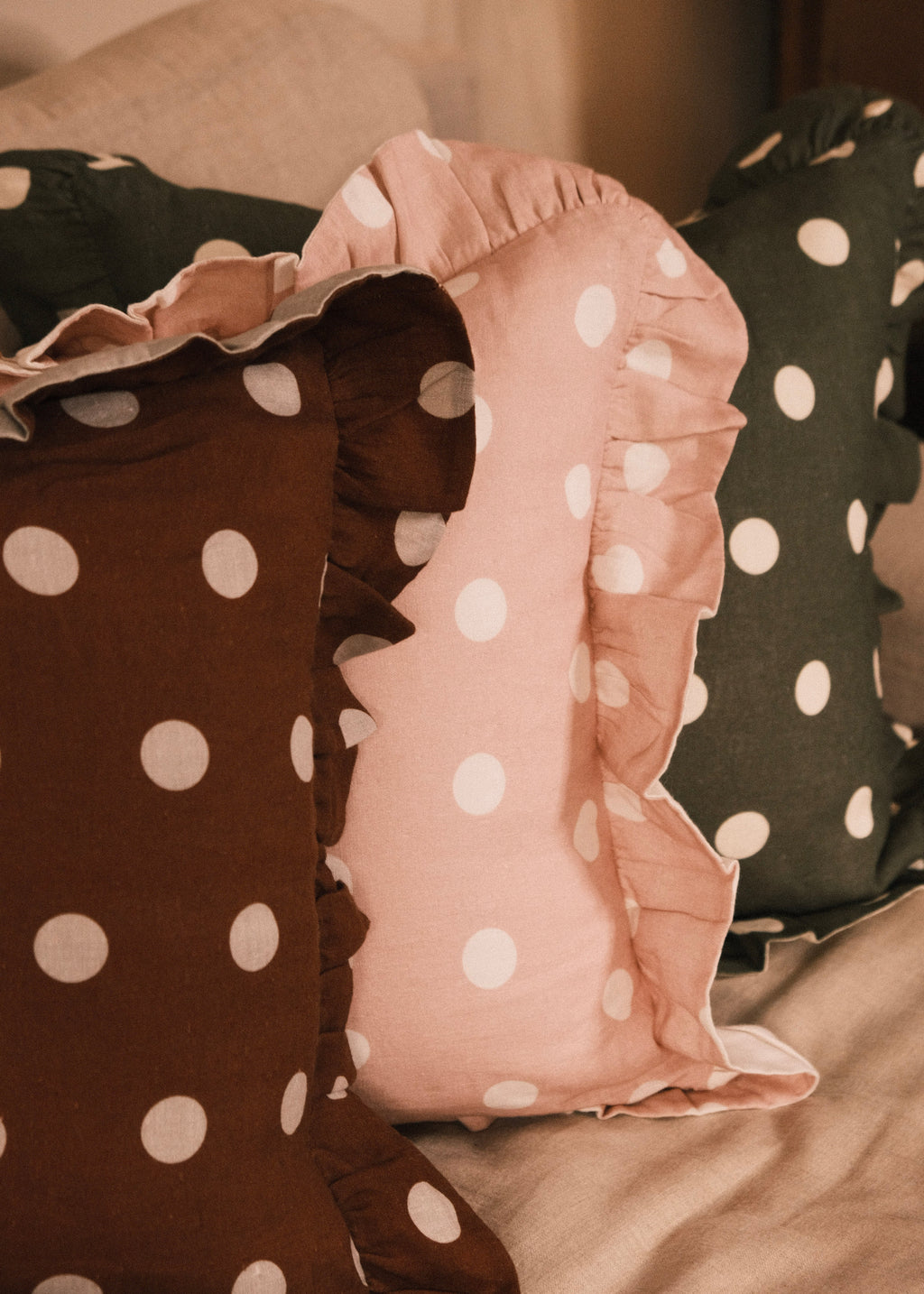 Amuse La Bouche Spotted Ruffle Cushion in Olive