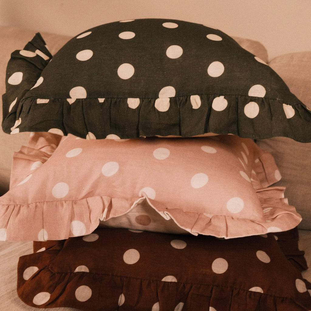 Amuse La Bouche Spotted Ruffle Cushion in Olive