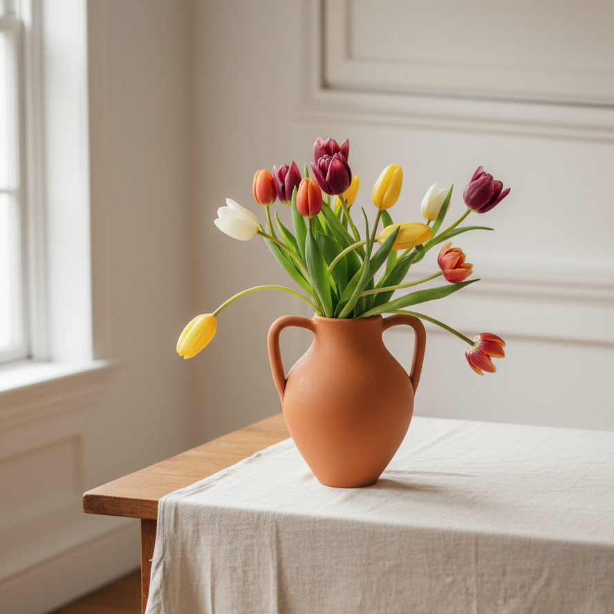 Terracotta vase with colorful tulips on a wooden table by a window