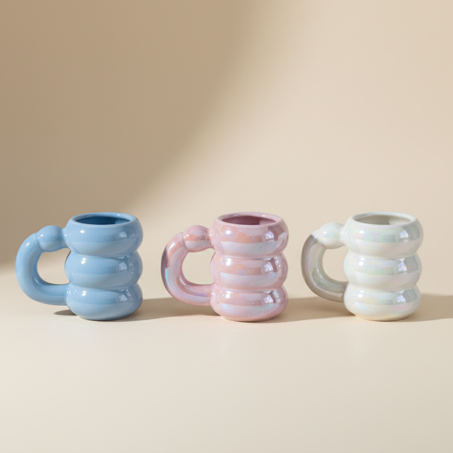 Three ceramic mugs with textured handles on a beige background