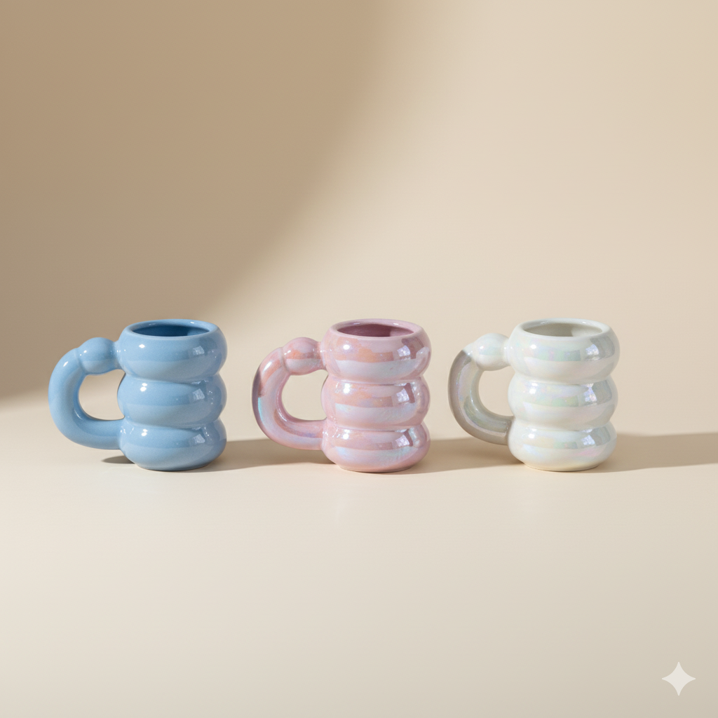Three ceramic mugs with textured handles on a beige background